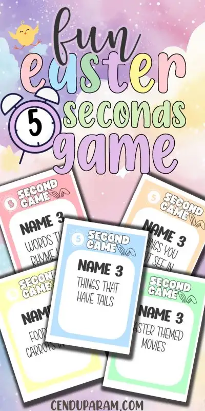 fun easter 5 seconds game showing some of the playing cards and questions