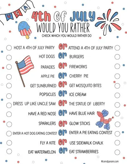 printable 4th of July would you rather questions worksheet