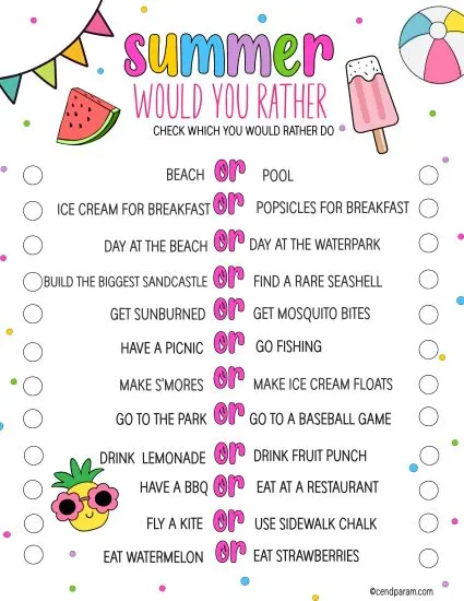 fun summer would you rather questions for kids with free printable