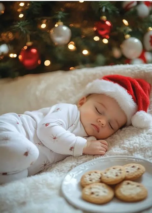 sweet sleeping baby wearing santa hat. baby is sleeping on the floor in front of Christmas tree with a plate of cookies for santa