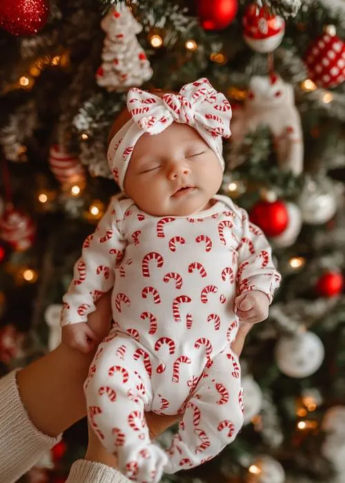 christmas baby picture idea. holding newborn in candy cane onesie in front of decorated Christmas tree