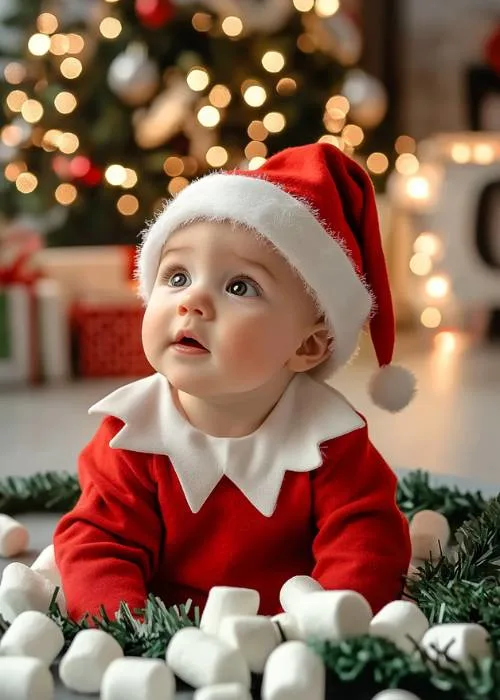 cute baby boy dressed like Christmas elf with marshmallows sprinkled around to look like snow. 