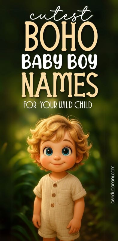 cute cartoon of wispy haired little boy in linen oufit standing in nature. titel reads cutest boho baby boy names for your wild child