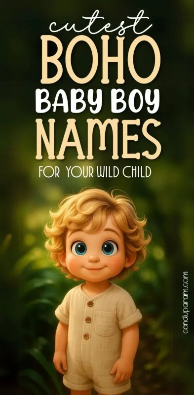cute cartoon of wispy haired little boy in linen oufit standing in nature. titel reads cutest boho baby boy names for your wild child