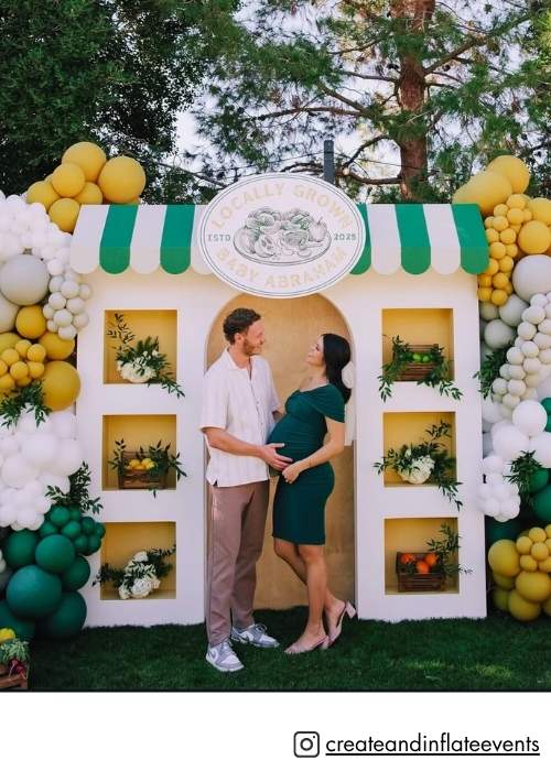locally grown baby shower backdrop ideas. ths one shows a farmer's market backdrop