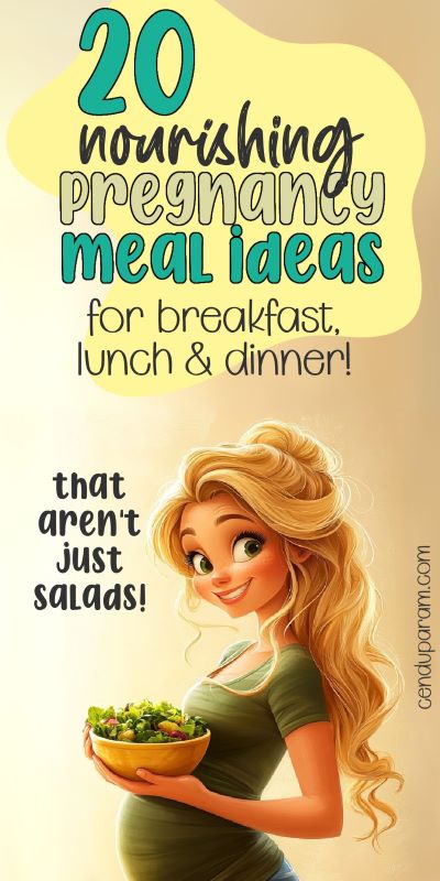 cartoon of a cute prenant lady eating salad and title 20 nourishing pregnancy meal ideas for breakfast. lunch & dinner