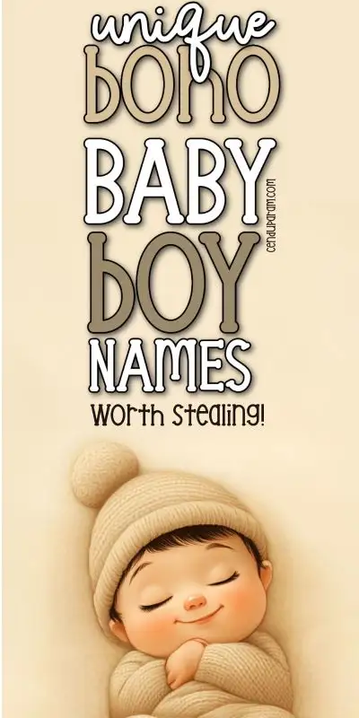 cartoon of sleeping baby wearing beige knit outfit and ittle cute boho baby boy names worth stealing