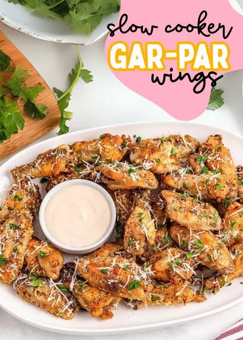 healthy ideas for what to eat pregnant. this image shows a plate of slow cooker garlic parm wings