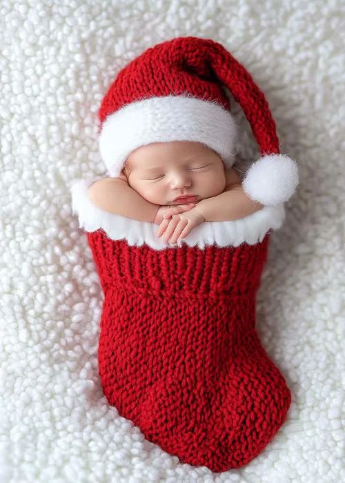 adorable newborn sleeping in a stocking while wearing a santa hat. easy diy baby's first christmas photo idea