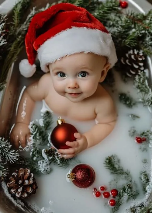 DIY Christmas baby photoshoot of baby taking milk bath with Christmas items like ornaments, holly and evergreen leaves