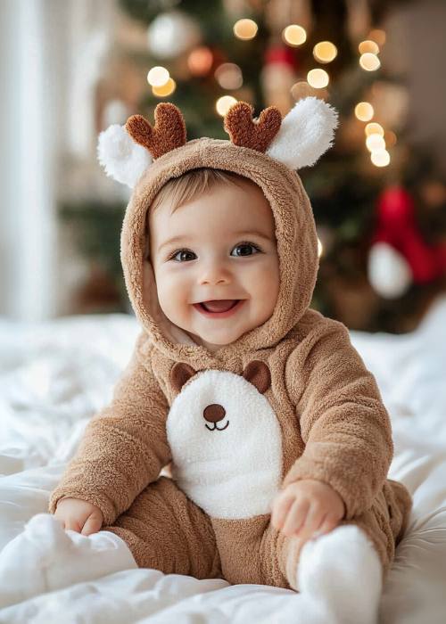 adorable baby dressed like reindeer in front of christmas tree. diy baby christmas photo ideas