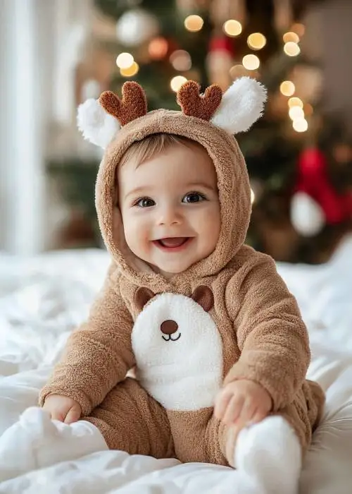 adorable baby dressed like reindeer in front of christmas tree. diy baby christmas photo ideas