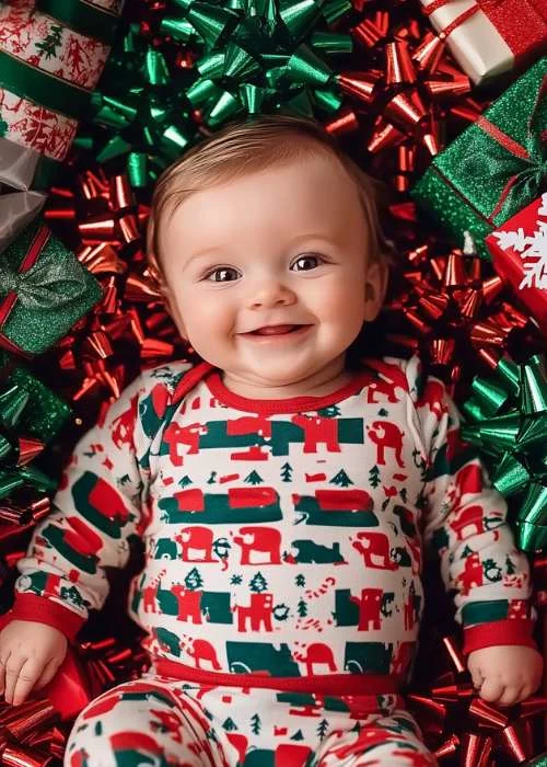 cute baby in Christmas pajamas laying on a pile of gift bows in red and green. 