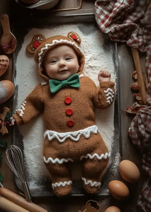 adorable baby christmas photoshoot ideas. this one is baby dressed like gingerbread man cookie on baking tray