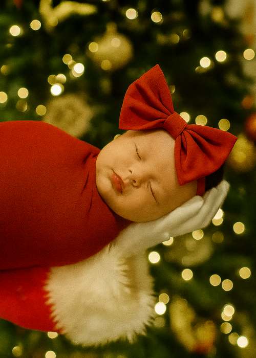 sweet sleeping newborn is held in santa claus outstretched in in front of christmas tree