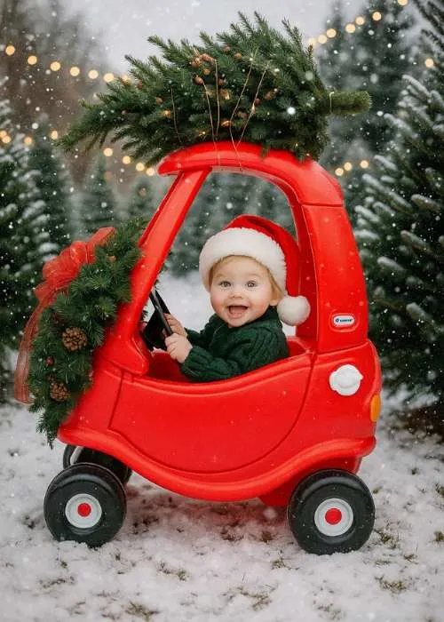 cute baby in cozy tike car with xmas tree on top