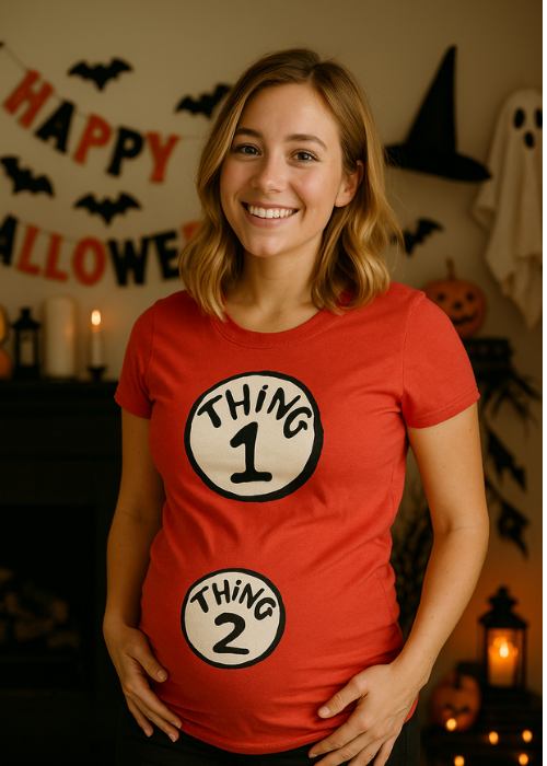 pregnant woman wearing thing 1 and thing 2 costume