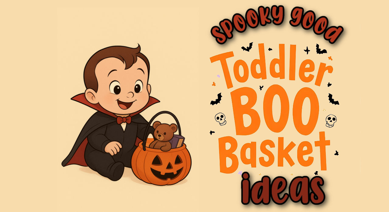 cute cartoon baby dressed like vampire with halloween basket and title spooky good doddlr boo basket ideas