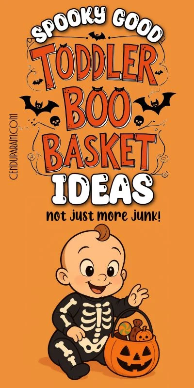 cute cartoon of toddler boy in skeleton costume playing with halloween basket and title spooky good toddler boo basket ideas