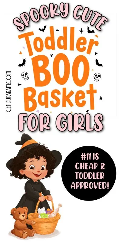adorable toddler dressed like witch holding basket and ittle boo basket ideas for toddler girls