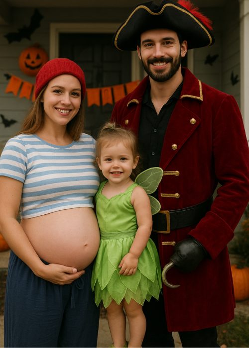 cute pegnant halloween costumes for family, peter pan costumes. captain hook and mr.smee with child dressed like tinkerbell
