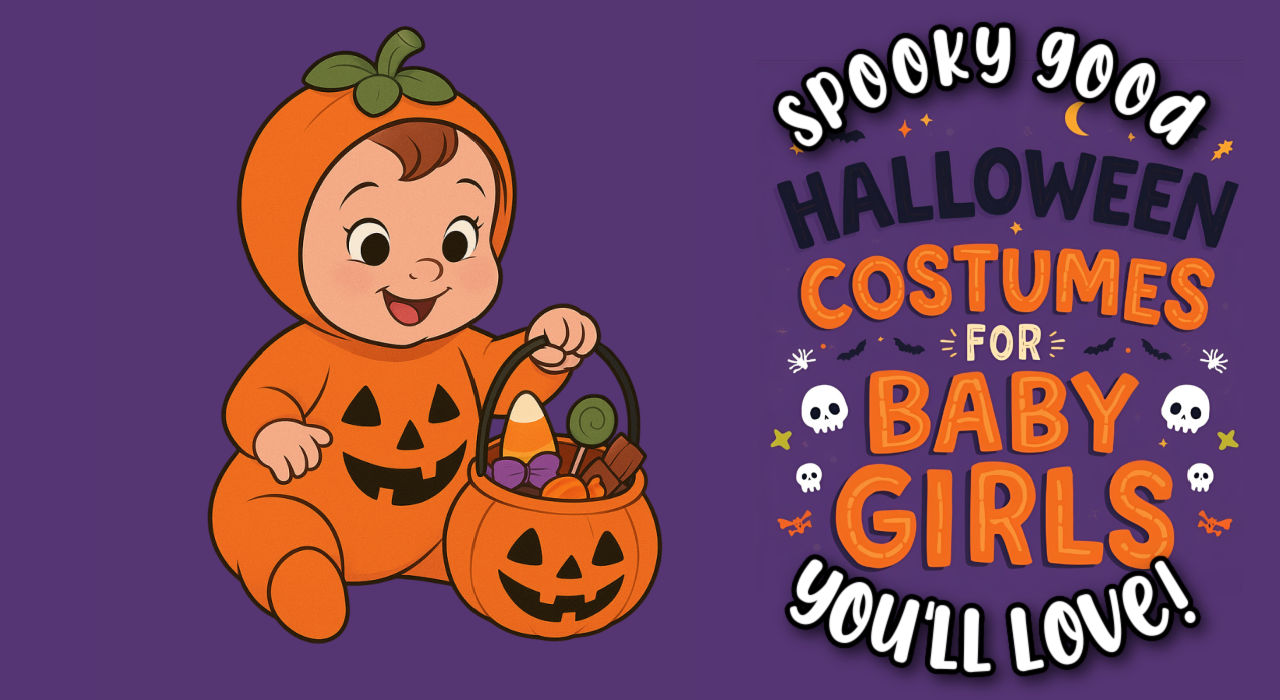 cute cartoon of a baby girl wearing a pumpkin halloween costume. title reads spooky good halloween costumes for baby girls