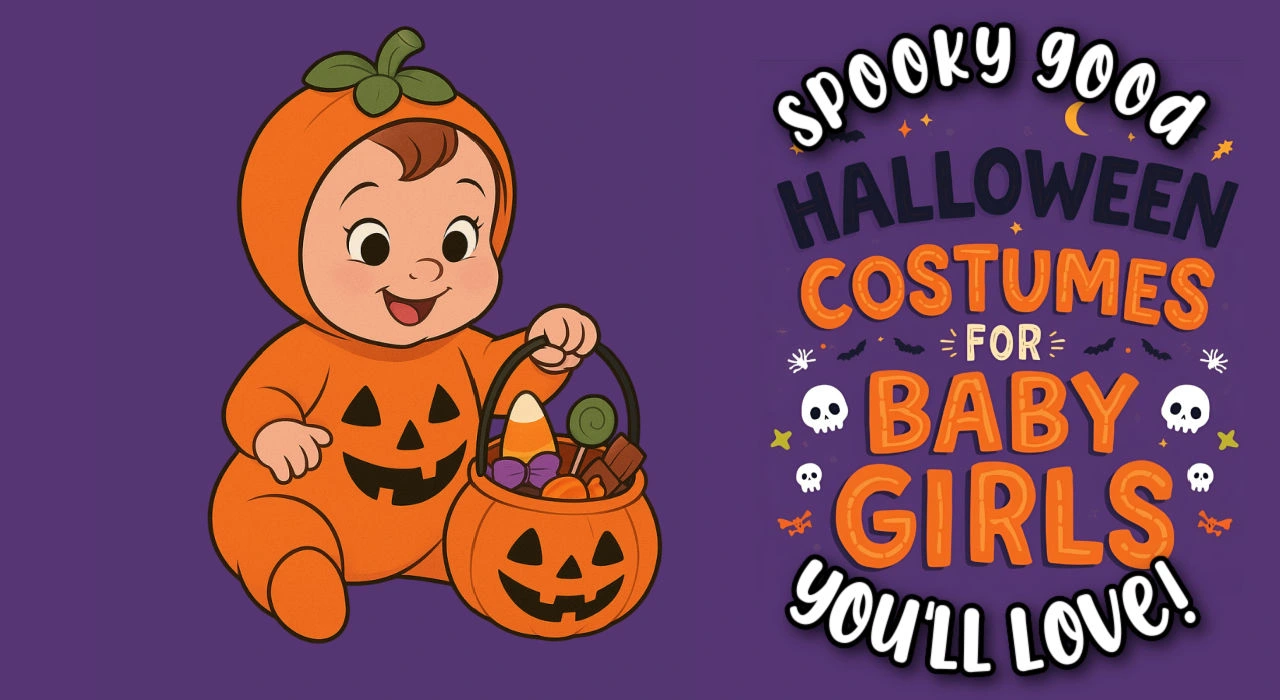 cute cartoon of a baby girl wearing a pumpkin halloween costume. title reads spooky good halloween costumes for baby girls