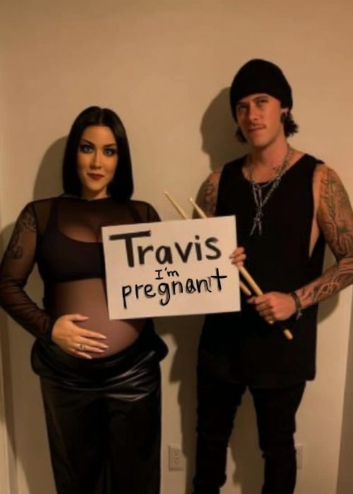 pregnant couple costume idea. dress as kourtney kardashian and travis barker and hold the sign "travis im pregnant"