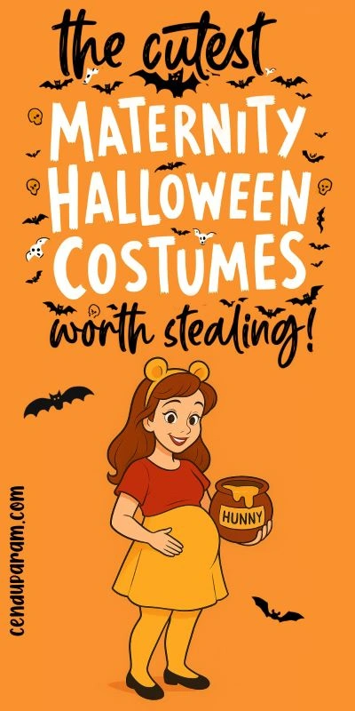 cartoon of pregnant woman dressed in winnie the pooh costume and title maternity  hallowen costumes worth stealing