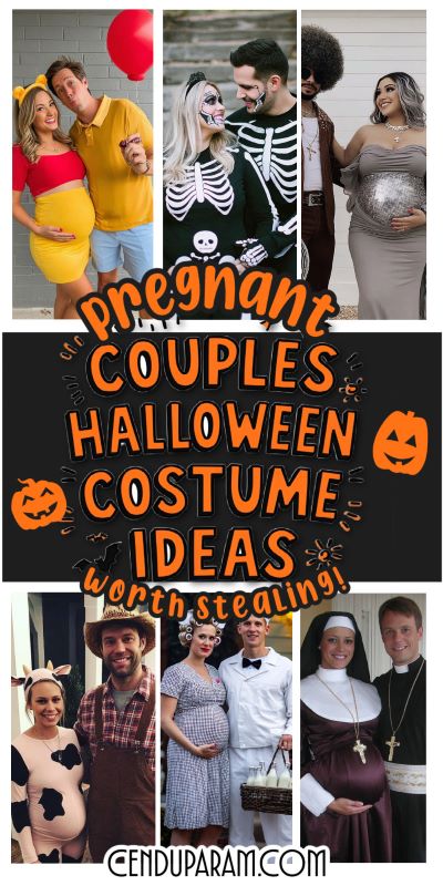 collage of unique pregnant couple halloween costume ideas