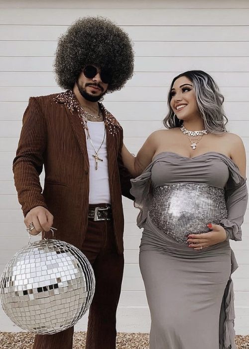 maternity costum idea for couples. pregnant disco ball and disco king