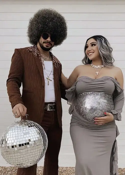 maternity costum idea for couples. pregnant disco ball and disco king