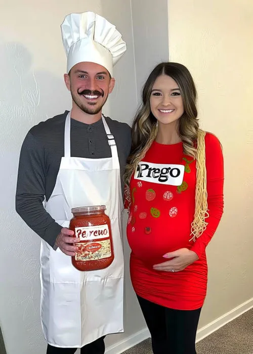pregnant couple's halloween costume as a can of prego sauce and a chef