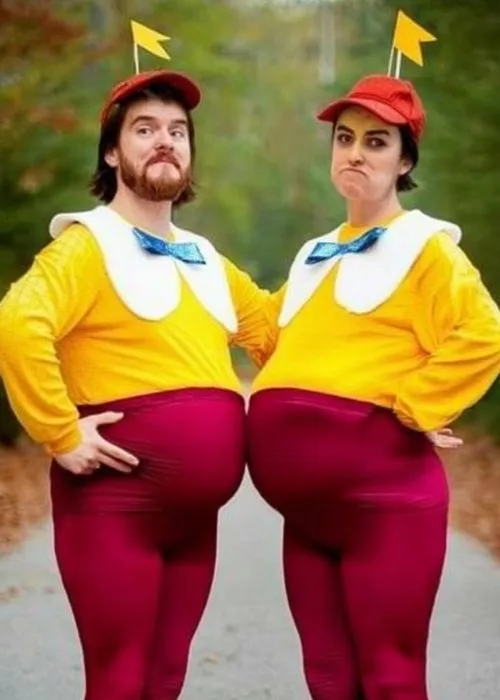 pregnant couple's costume tweedle dee and tweedle dum