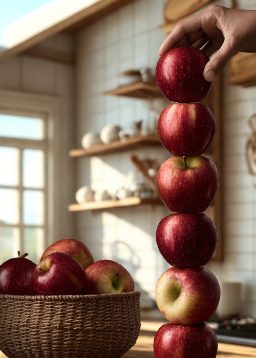 a hand is stacking apples on the table for a fun Thanksgiving party game