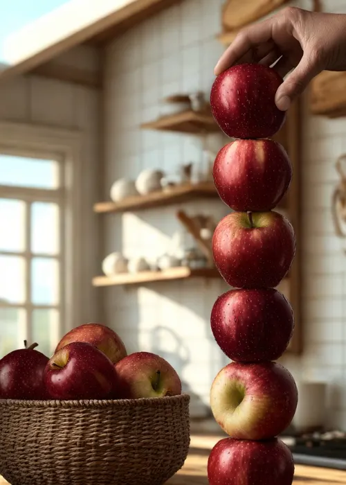 a hand is stacking apples on the table for a fun Thanksgiving party game