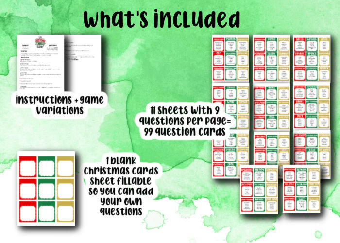 shows what's included in Christmas taboo game party bundle