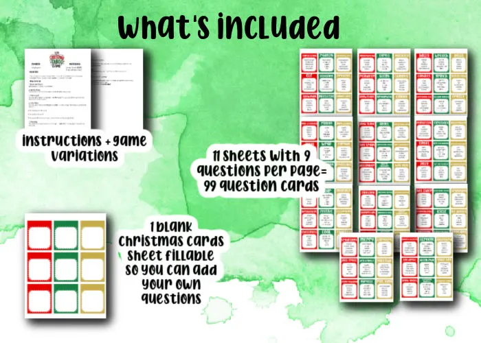 shows what's included in Christmas taboo game party bundle