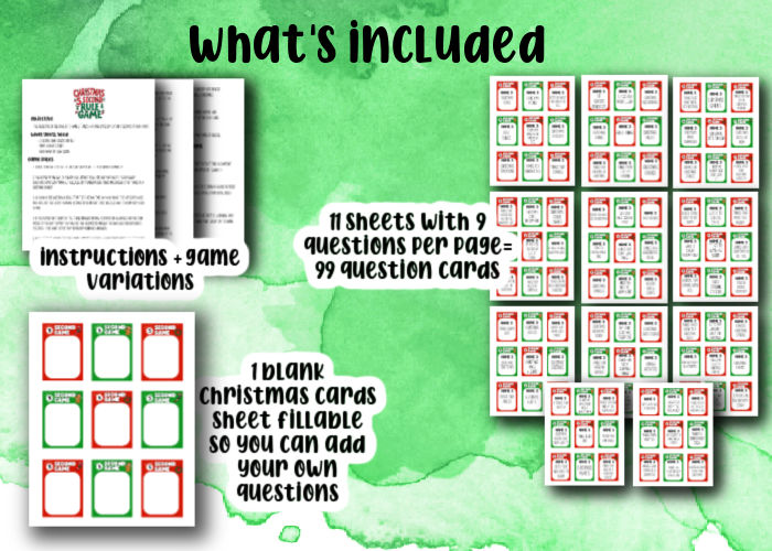 mock up of what is included in christmas party game bundle