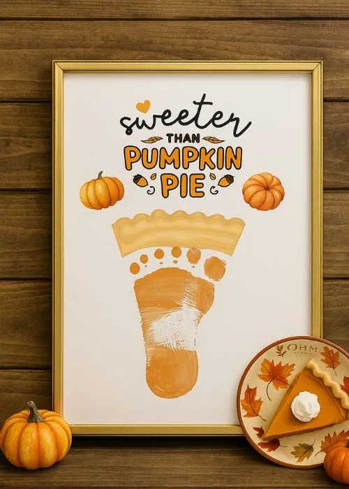 a cute thanksgiving footprint craft that says sweeter than pumpkin pie