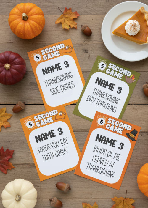 flat lay of Thanksgiving 5 second game cards