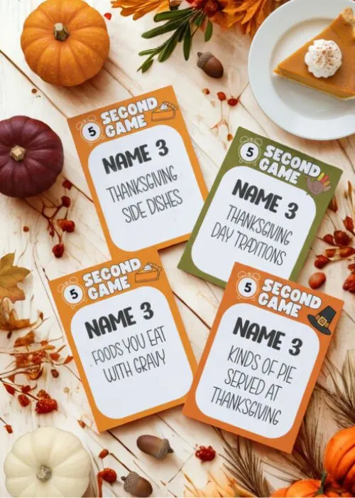 Thanksgiving 5 second game cards flat lay photo with thanksgiving decor