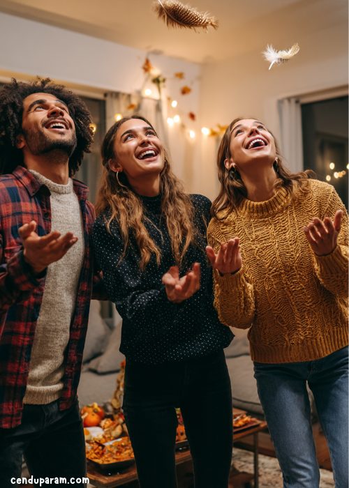 adults are playing funny thanksgiving game feather float