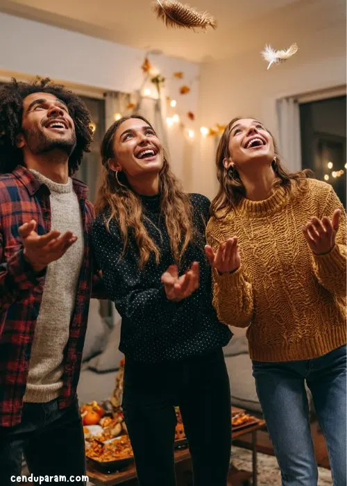 adults are playing funny thanksgiving game feather float