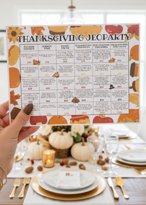a manicured hand is holding up the Thanksgiving Jeopardy Game card with questions at the dinner table