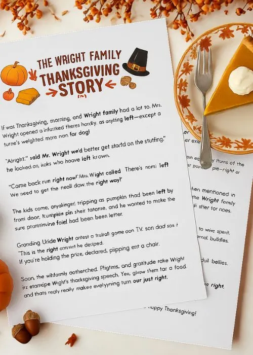 flat lay of fun thanksgiving game idea: thanksgiving left right story game