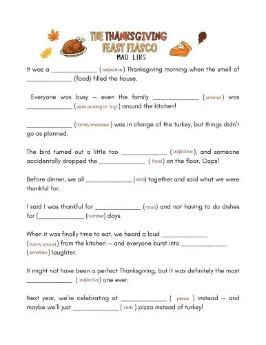 free printable Thanksgiving mad libs story about a Thanksgiving Feast gone wrong