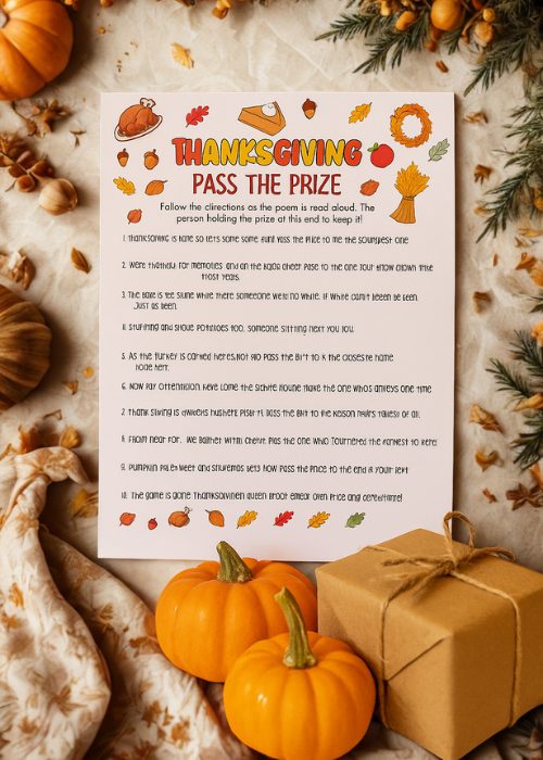 thanksgiving pass the gift game printable on Thanksgiving dinner table flat lay