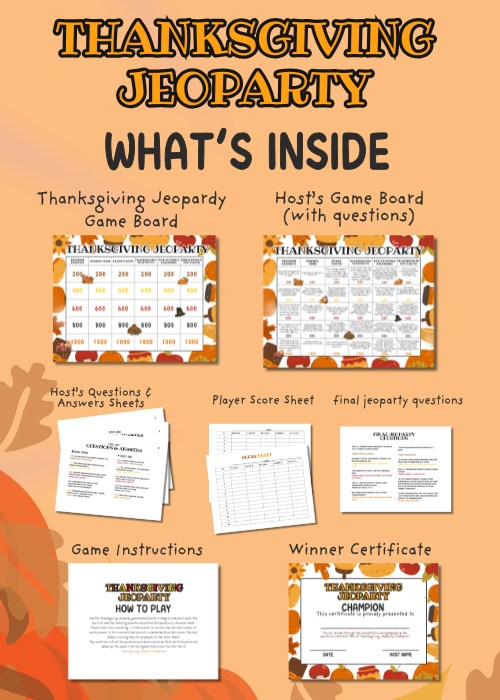 a mock up of what's included in Thanksgiving Jeopardy game bundle
