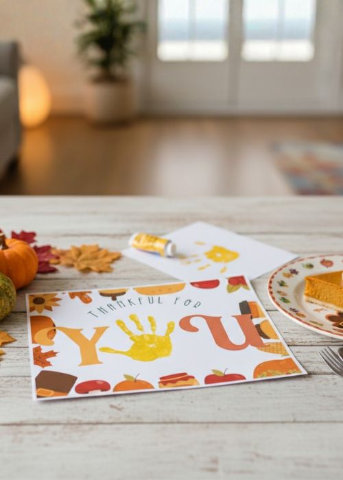 A thankfulness craft with a handprint that says Thankful for You